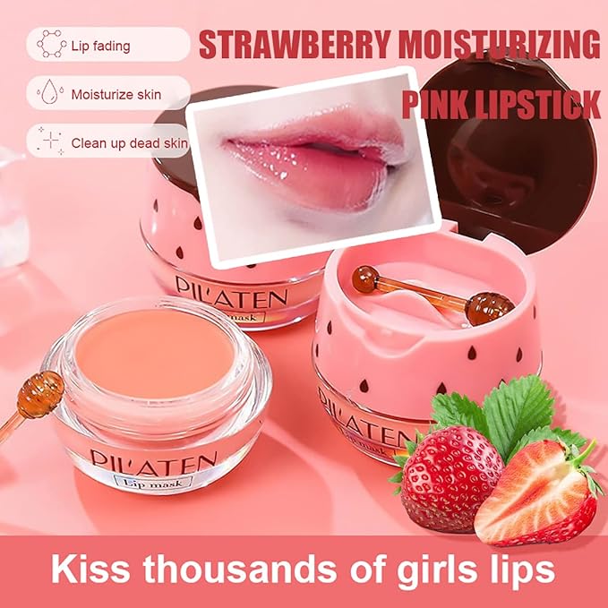 Strawberry & Honey Lip Balm, Vitamin E Lip Masks & Moisturizing Propolis Sleeping Lip Mask, Effective Reduces Lip Lines Prevention Dry and Cracked Lip Scrubs Exfoliator Smoothing Dry Lip Care