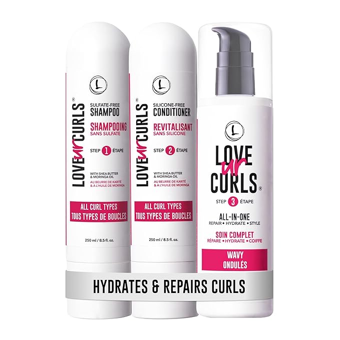 Love Ur Curls - Shampoo & Conditioner Set with All in One Curl Cream Styler for Wavy Hair, 3 Step System for Repair and Moisturizing
