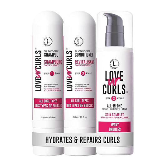Love Ur Curls - Shampoo & Conditioner Set with All in One Curl Cream Styler for Wavy Hair, 3 Step System for Repair and Moisturizing