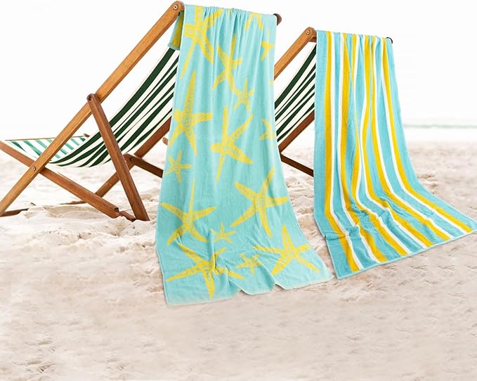 CASA COPENHAGEN Miami Bath Sheets Designed in Denmark Rough and Tough, Quick Dry, for Pool, Bath & Shower 35"x70", 2 Pieces Cotton Beach Towels Set - Star Fish Teal + Yellow Stripe