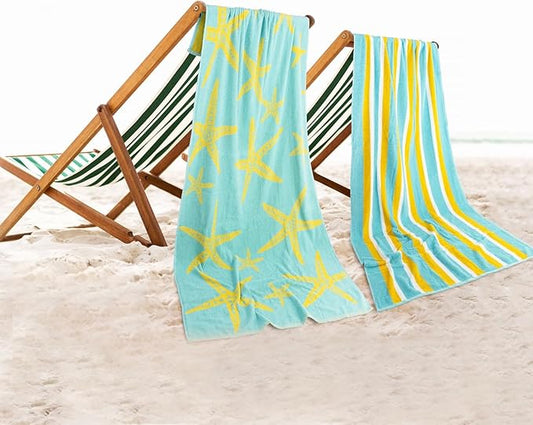 CASA COPENHAGEN Miami Bath Sheets Designed in Denmark Rough and Tough, Quick Dry, for Pool, Bath & Shower 35"x70", 2 Pieces Cotton Beach Towels Set - Star Fish Teal + Yellow Stripe