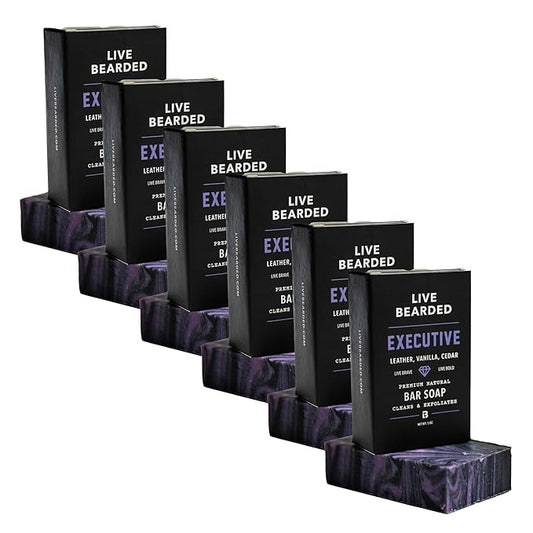 Live Bearded All-Natural Bar Soap for Men, 6-Pack of 5 oz - Made in the USA - Exfoliates and Moisturizes - Charcoal, Pumice, Shea Butter | Executive Scent - Cedar, Vanilla