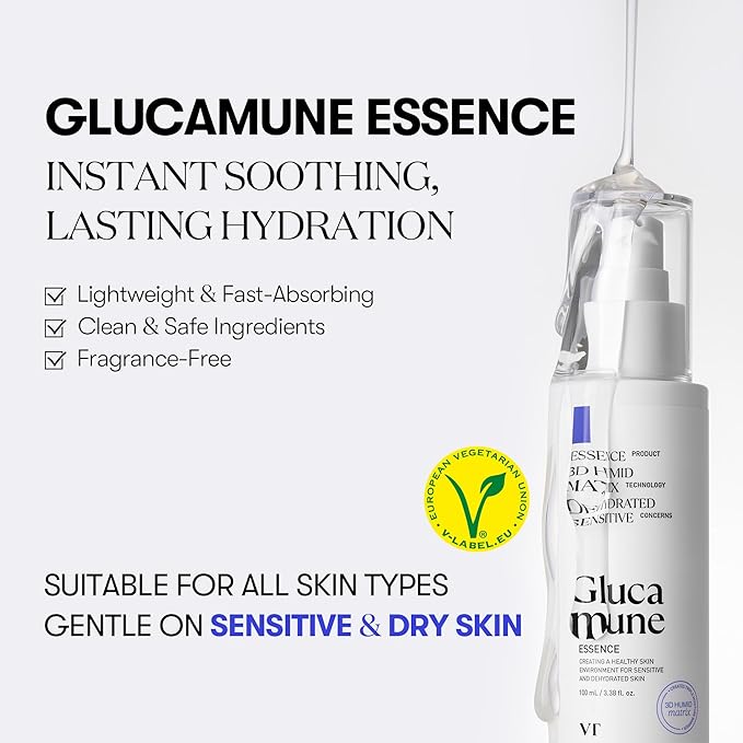 VT COSMETICS Glucamune Essence, Hydrating Vegan Serum for Face, For Dry & Sensitive Skin, Hypoallergenic, Fragrance-Free, Beta-Glucan, Glucosamine,Korean Skincare (3.38 fl. oz.)