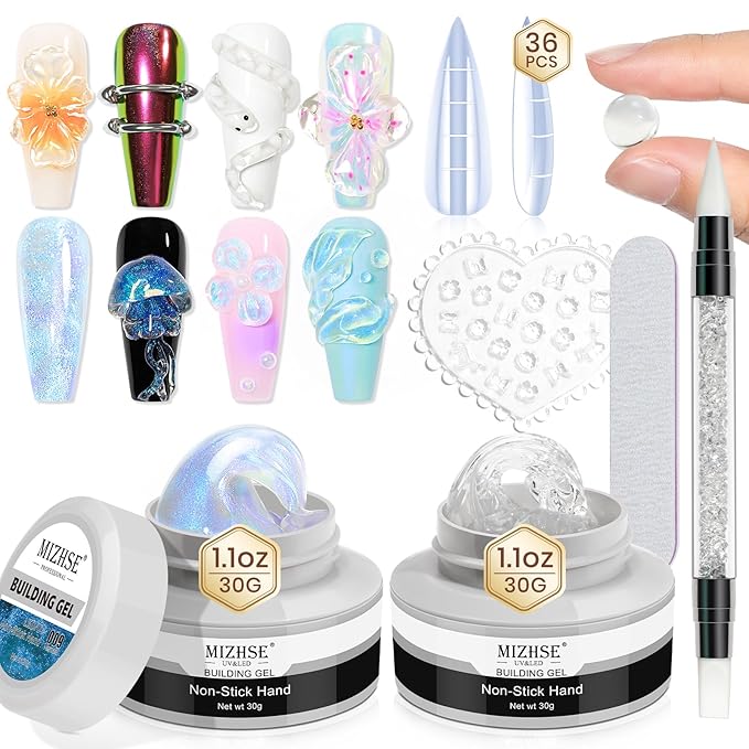 MIZHSE 2PCS Solid Builder Gel for Nails Kit: 30g/1oz Clear & Aurora Hard Gel for Nail with Nail Forms 3D Mold Soak off U V Builder Extension Gels for Women