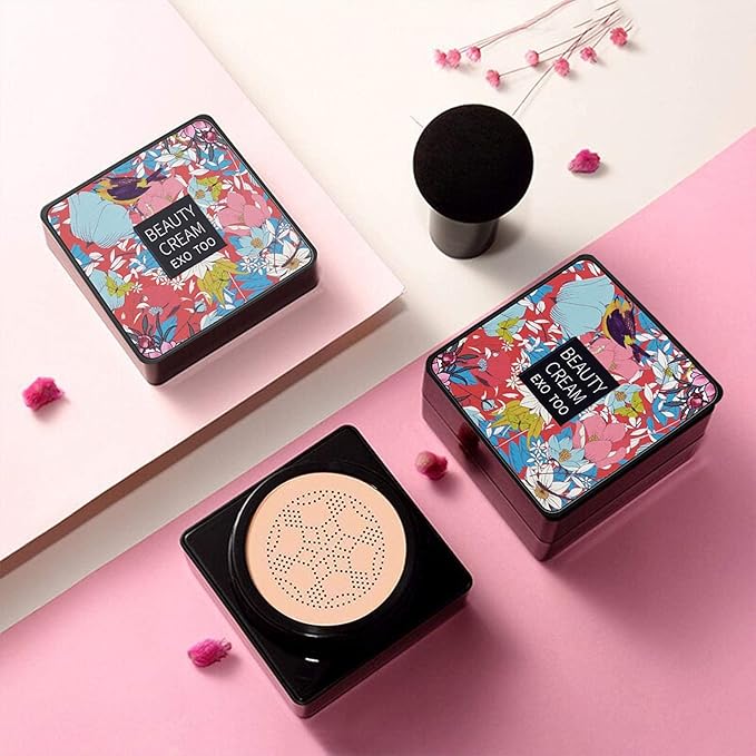 2 Pack Mushroom Head Air Cushion CC Cream Foundation,Beauty Cream EXO TOO Moisturizing BB Cream, Long Lasting Matte Concealer with 2PCS Mushroom Head Sponges (Natural)