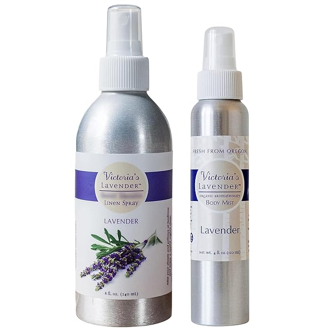 Victoria's Lavender Pillow and Linen Spray Mist (8 oz) and Aromatherapy Body Mist (4 oz) - After Sun Solar Recovery Spray with Aloe Vera and Lavender Essential Oil - Set of 2 – Made in the USA