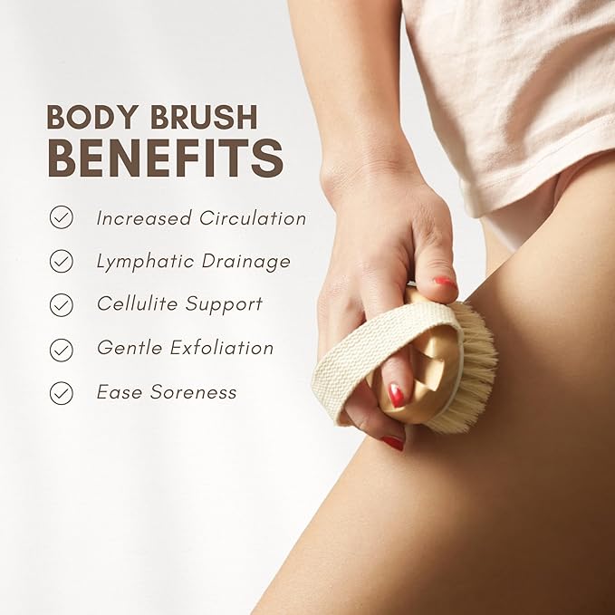 Body Brush, Natural Bristle Exfoliator for Smooth, Radiant Skin, Lymphatic Drainage, and Skin Toning Brush for Shower or Dry Brushing