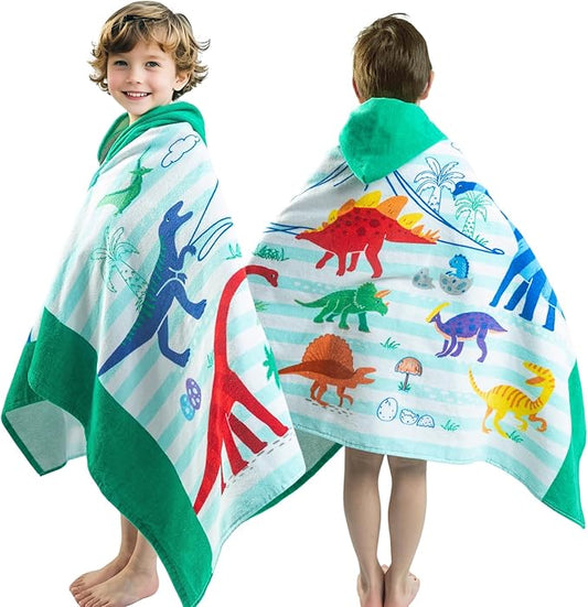 Gealaek 100% Cotton Hooded Towel for Toddlers 5-12 Years Boys Girls 60"x30" Extra Large Wearable Wrap Kids Bath Pool Beach Towel Soft Absorbent Beach Poncho(Dinosaur XL)
