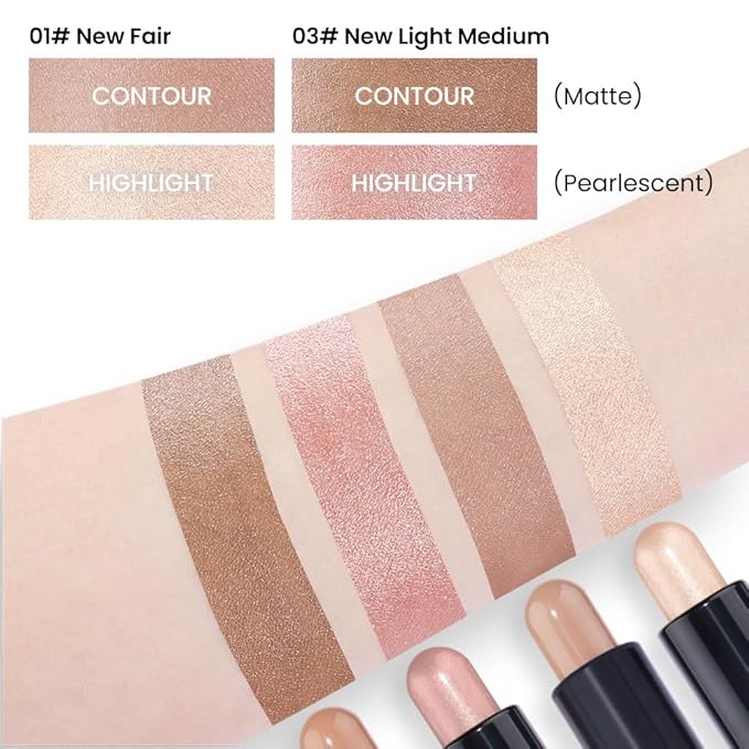 evpct 2in1 Face Shaping & Contouring Stick Cream Contour Concealer Bronzer Stick Makeup Kit for Beginner Face Highlighter Makeup Stick contorno maquillaje de maquillaje, NEW Fair + NEW Light Medium