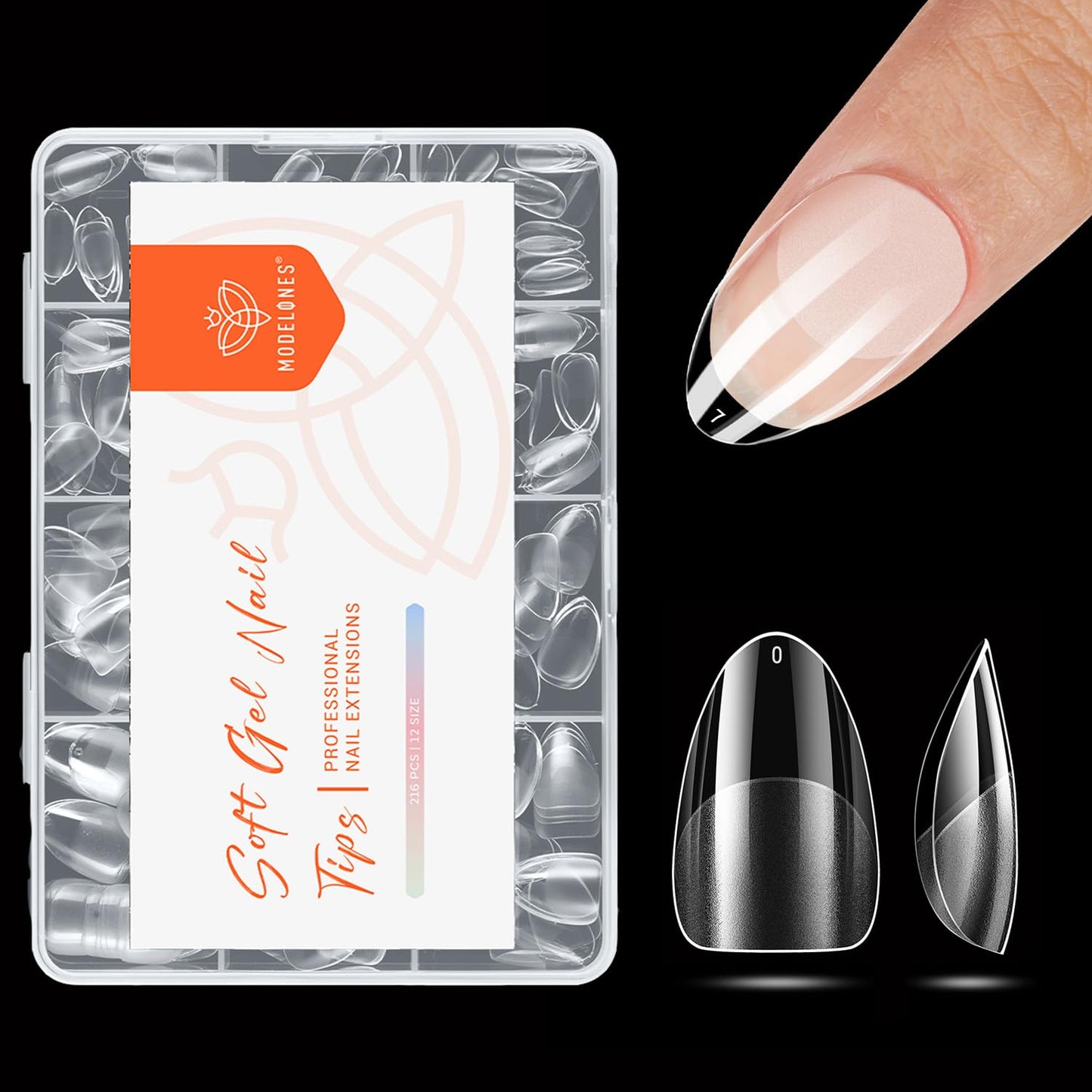 modelones Extra Short Almond Nail Tips, Pre-shaped Tips x Gel Soft Fake Nails False Acrylic Clear Full Cover Press on Extension Kit x Gel Manicure DIY at Home 216PCS 12Sizes