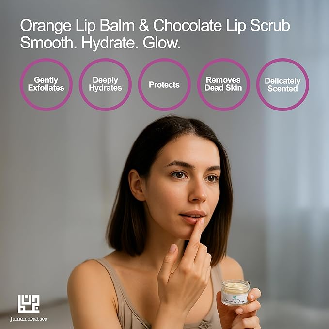 Juman Dead Sea Minerals Lip Care Set | Hydrating Lip Balm & Scrub | Orange & Chocolate | For Chapped & Dry Lips | Dorm Essentials | Vegan | SLS & Paraben-Free | Great as a Gift
