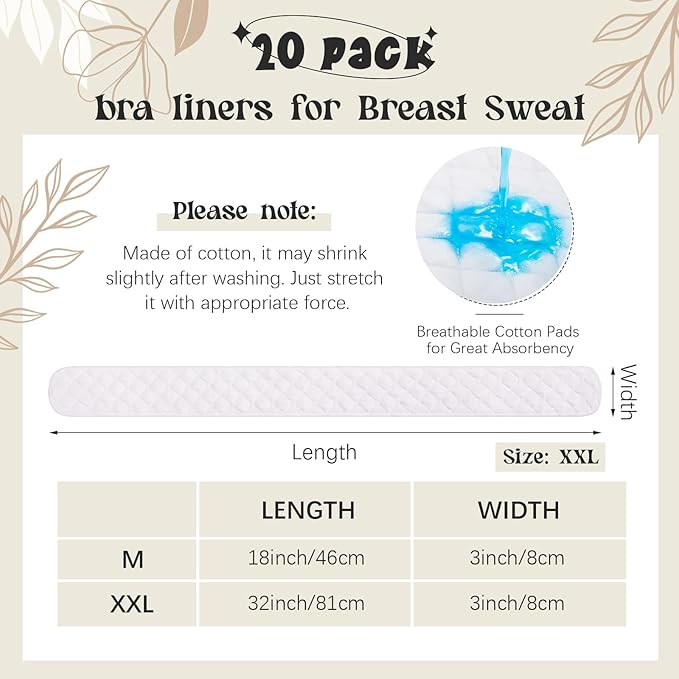 Toulite 20 Pcs Bra Liners for Sweat 18x3 Inch 3 Layer Washable Rectangle Cotton Under Breasts Pads for Women Absorb Sweating