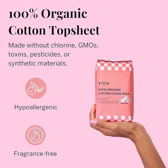 Pixie Cup Organic Cotton Postpartum Pads for Women - Extra Heavy Absorbency with Wings - Leak-Proof, Hypoallergenic & Unscented for Feminine Care - Compostable, Biodegradable - 24 Count