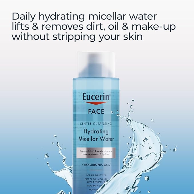 Eucerin Face Gentle Cleansing Hydrating Micellar Water with Hyaluronic Acid, Face Cleanser and Makeup Remover, Fragrance Free and Non-Drying for All Skin Types, 13.5 Fl Oz Bottle