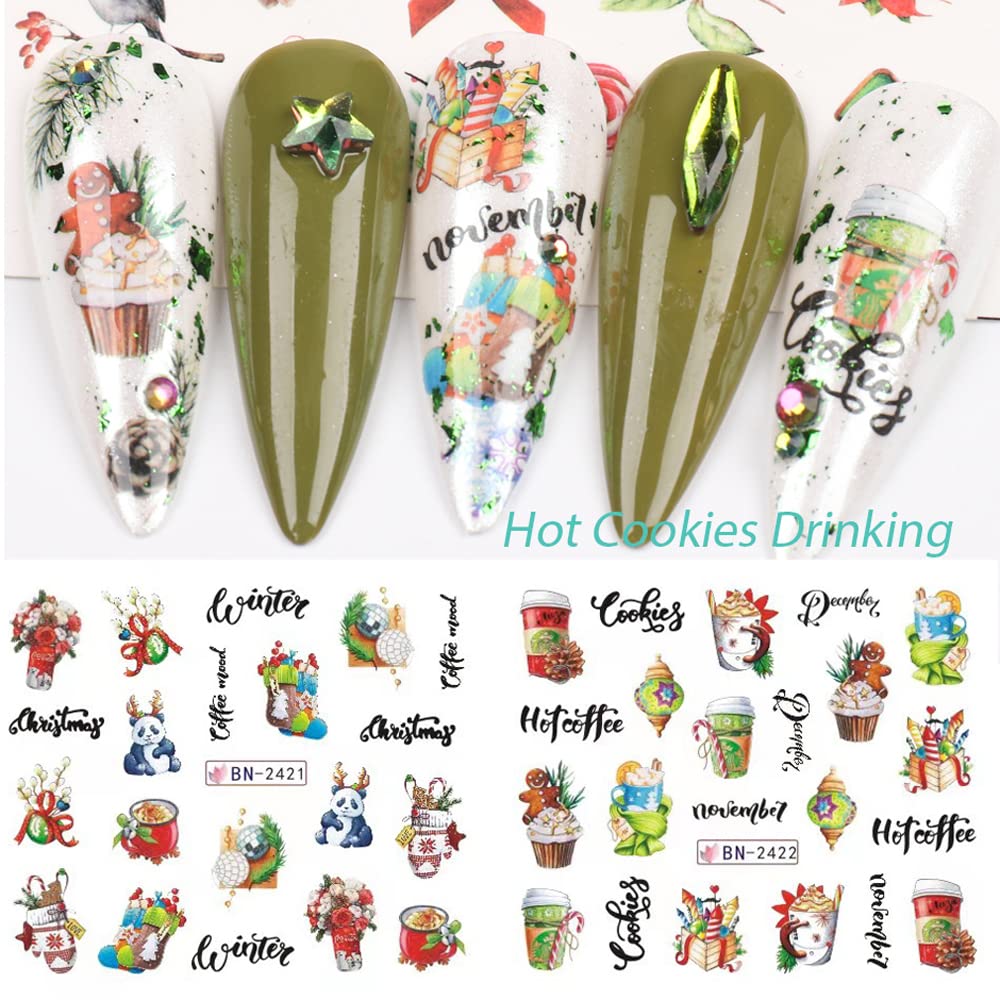 12 Sheets Christmas Nail Art Stickers Snowflake Water Transfer Nail Decals Holographic Gingerbread Man Snow Trees Winter Design Watermark Nail Foils Stickers for Women Xmas Nail Decorations