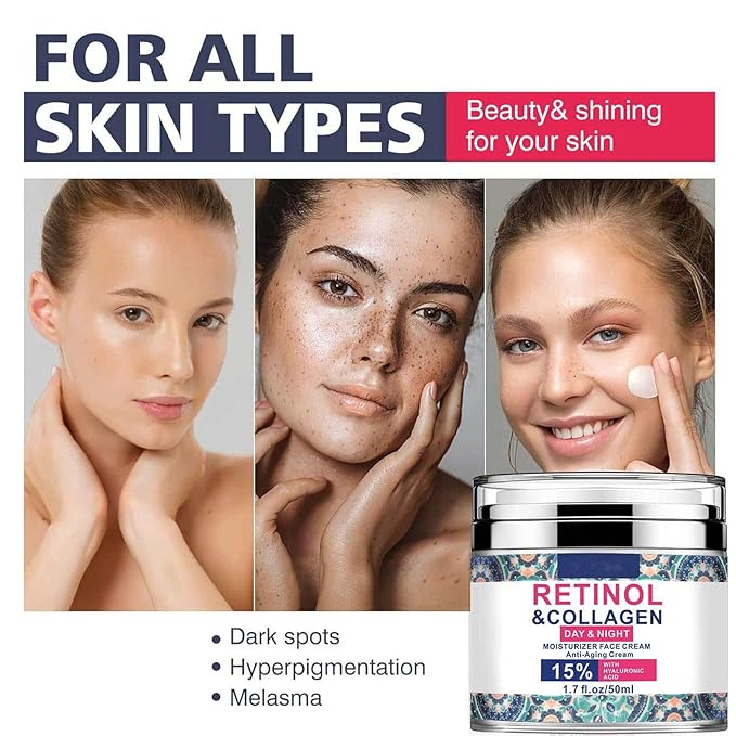 Retinol Cream for Face with Hyaluronic Acid, Collagen Face Moisturizer for Lifting Skin, Day-Night Anti-Aging Cream for Women and Men for Wrinkles, Fine Lines and Dryness - All Skin Types 1.7 Fl Oz