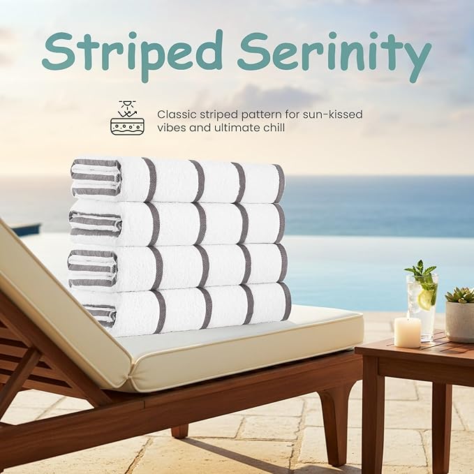 CASA COPENHAGEN Cabana Pool Bath Sheet, 70" x 35", Designed in Denmark Rough and Tough, Quick Dry, for Pool, Bath, Beach & Shower 2 Piece Cotton Pool Towels Set - White Grey Stripe