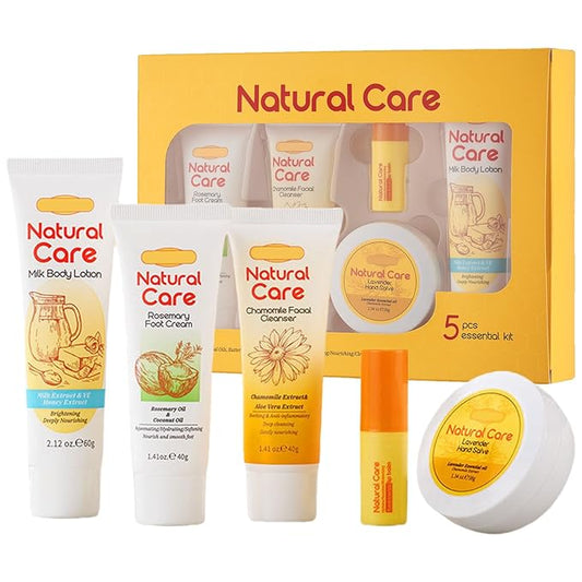 facial skin care set - facial gift sets for women - mini skincare products - body lotion, foot cream, cleanser, lip balm, hand salve