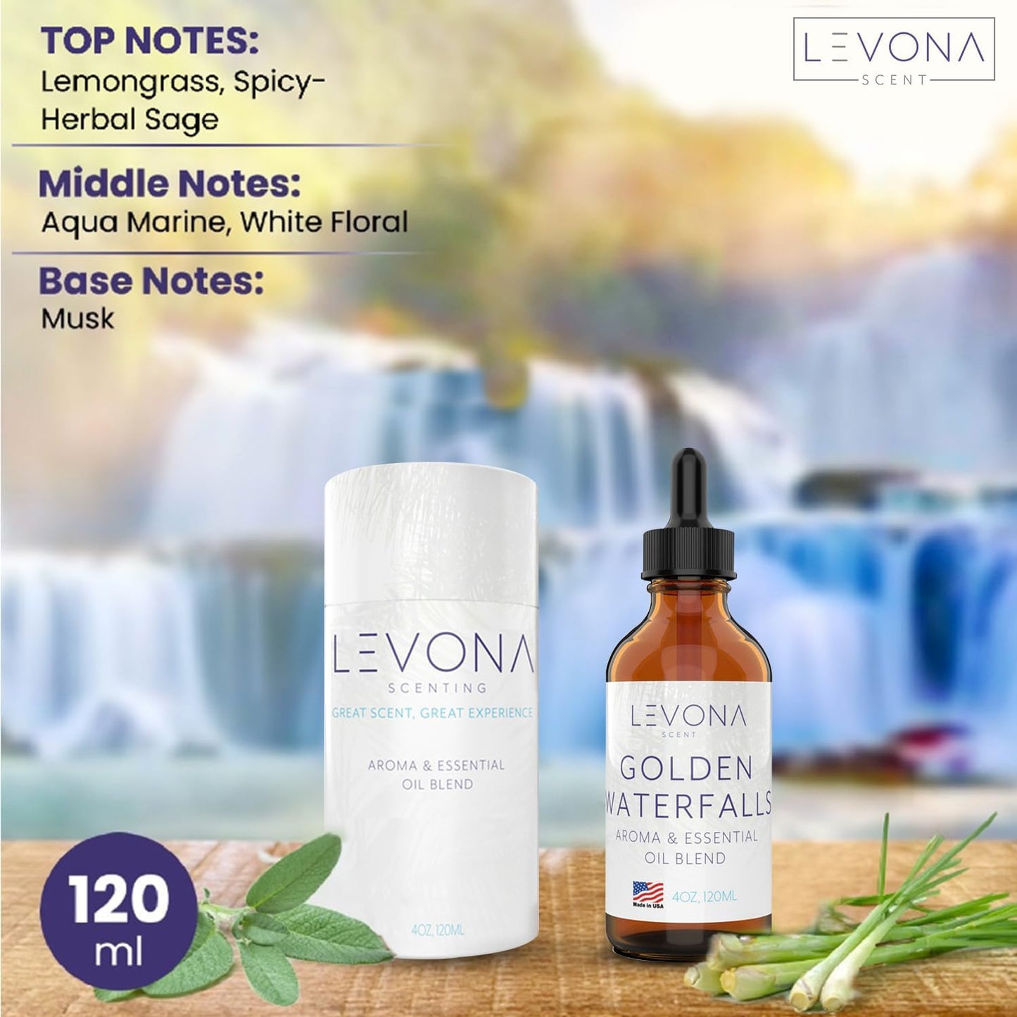 Levona Scent Essential Oils - Scents for Home, Hotel & Office Use - Perfect for Home Diffuser & Humidifiers - Aroma Fragrance Oil, Ideal for Massage, Relaxation, and Spa - Golden Waterfalls, 120ml