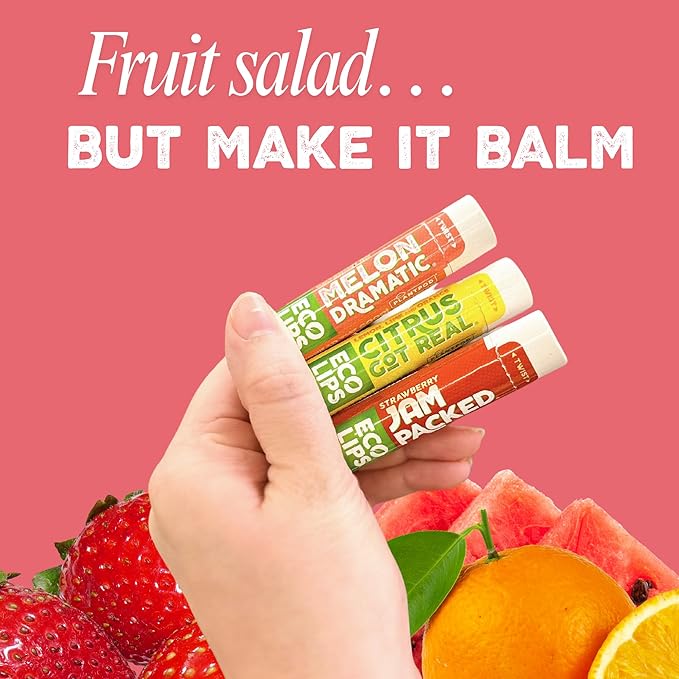 Eco Lips Freshly Squeezed Organic Fruit Lip Balms - Citrus Got Real (Lemon/Lime), Melondramatic (Watermelon), Jam Packed (Strawberry) Plastic-Free Plant Pod 6-pack by Eco Lips 100% Natural.