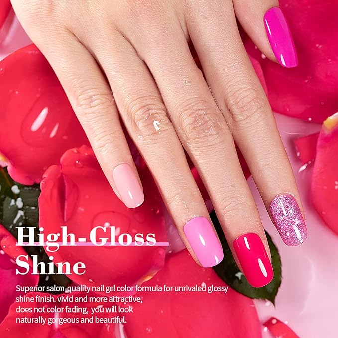 RARJSM Pink Gel Nail Polish Set 6 Pcs Pale Light Pink Neon Hot Pink Rose Glitter Fuchsia Sweet Cherry Colors Gel Polish Soak off 7.5ml UV LED Cured for Summer Home Salon Spring Nails