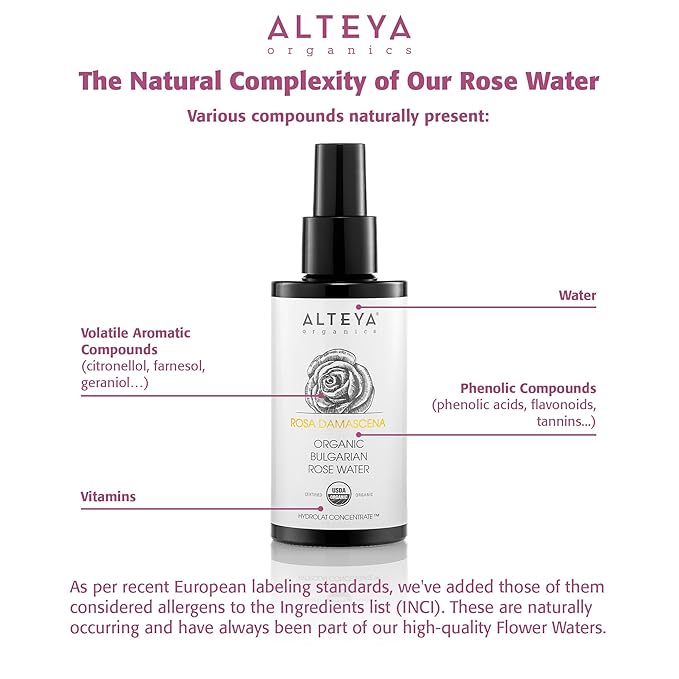 Alteya High-Potency Rose Water USDA Organic Facial Toner, 3000 Roses in a Bottle, 3.4 Fl Oz/100mL Pure Bulgarian Rosa Damascena Flower Water, Award-Winning Moisturizer in Miron Biophotonic Glass