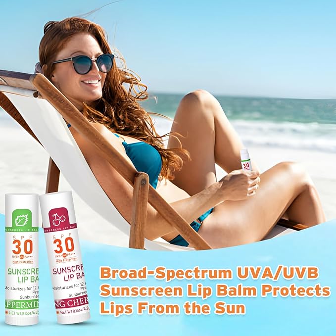 SPF 30 Lip Balm with Sunscreen 8 Pack, Bulk Sunscreen Lip Balm Travel Size, Hydrating Lip Balm with Vitamin E and Coconut Oil- 8 Flavors