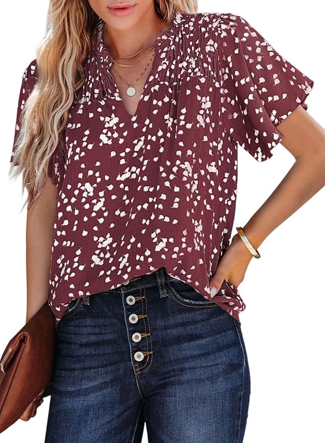 SHEWIN Women's Casual V Neck Floral Print Smocked Short Sleeve Chiffon Blouses Bohemian Top Shirts