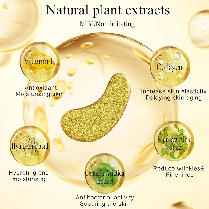 Under Eye Patches(15 Pairs), 24K Gold Eye Mask for Dark Circles, Puffy Eyes and Wrinkles, with Hyaluronic Acid & Collagen