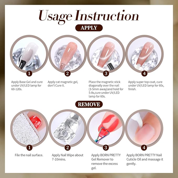 Born Pretty Cat Magnetic Eye Gel Nail Polish, 6 Colors Retro Magnetic Glitter Gel Polish Set Silver Pink Red Nail Polish Kit Soak Off LED Nail Art DIY Salon Gift