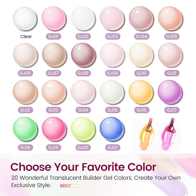 JODSONE Builder Gel Nail Kit with U V Light Base Top Coat 21 Colors High Shine Builder Gel and 100 PCS Extension Stickers
