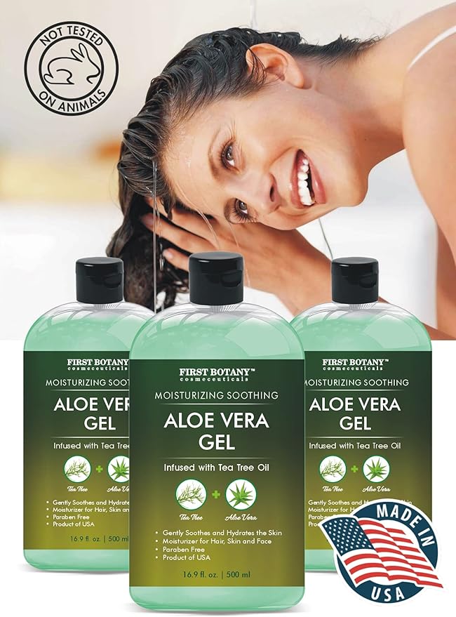 First Botany, Aloe Vera Gel from 100 Percent Pure Aloe Infused with Tea Tree Oil - Natural Raw Moisturizer for Hand Sanitizing Gel, Skin Care, Hair Care, Sunburn, Acne & Eczema -16.9 fl oz | 500 ml