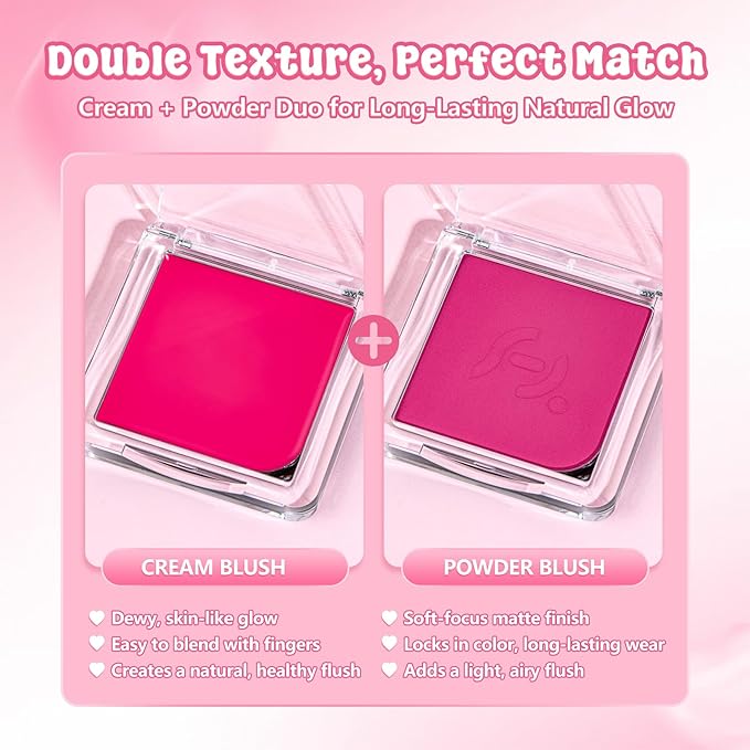 Blush Palette Duo – Cream & Powder Blush Set in Rose Red, Highly Pigmented & Blendable, Long-Wearing & Moisturizing, Skin-Friendly & Magnetic Pan, for Cheeks, Eyes & Lips (2Pack,Berry Bliss)