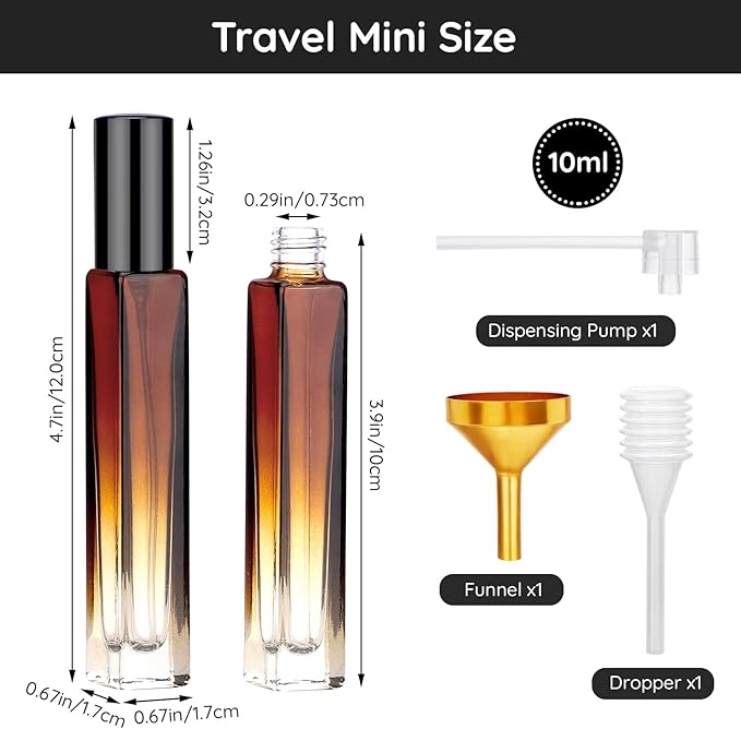 Segbeauty Empty Atomizer, 2pcs 10ML Travel Size Refill Bottle with Funnel and Dropper, Portable Glass Spray Bottle Cologne Dispenser Toiletries Sample Bottles Perfume Making Kit Amber