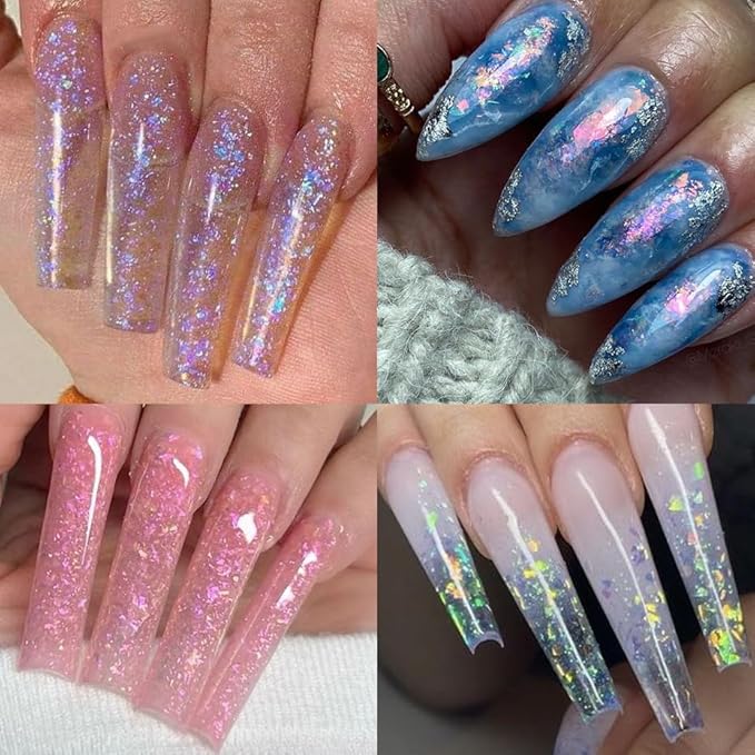 24Grid Aurora Opal Iridescent Nails Mermaid Flake Powder,Holographic Metal Color Gold Silver Confetti Nail Art Foil Paillettes,Irregular Glitter Sparkly Sequin Design for Manicure Decoration