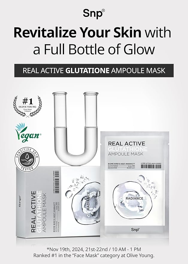 SNP Real Active Glutathione Ampoule Sheet Mask | Vegan Face Mask with Glutathione & Niacinamide | Revitalizing and Balancing for All Skin Types | Korean Face Masks Skincare | 10 Sheets