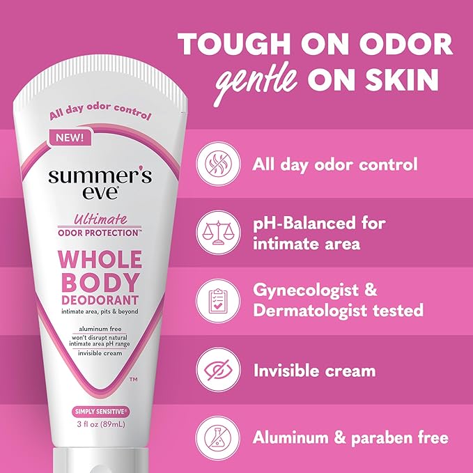 Summer's Eve, Whole Body Deodorant for Women, Ultimate Odor Control, Aluminum Free Deodorant, Simply Sensitive, 3 Fl Oz