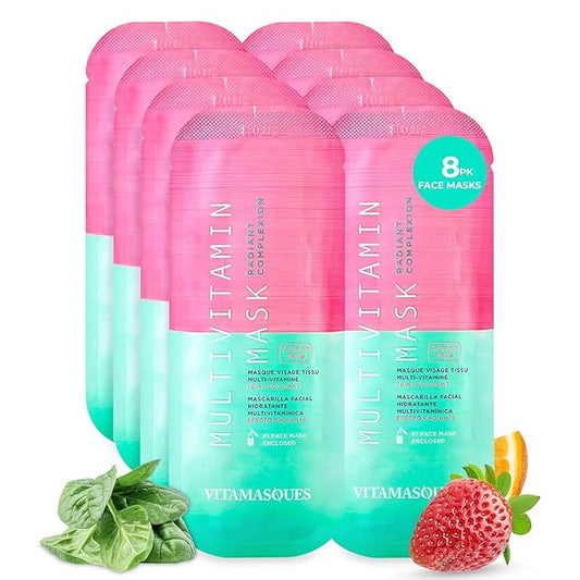 Vitamasques Multivitamin Face Mask, 8-Pack - Hydrating and Nourishing Korean Skincare for Radiant Skin, Provides Vitamins B, C & E