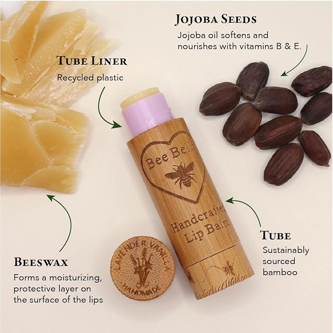 Bee Bella Lip Balm, Lavender Vanilla, 3 Pack - Hydrating, Moisturizing Lip Care, 100% Natural, Original Organic Beeswax with Vitamin E, Handmade in USA