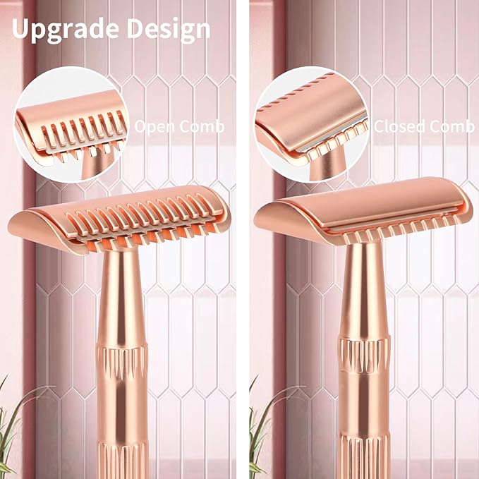 Matte Rose Gold Double Edge Safety Razor, Single Blade Razors for Women and Men, with 10 Stainless Steel Safety Razor Blades, Reusable, Smooth and Close Wet Shaving Kit, Plastic Free