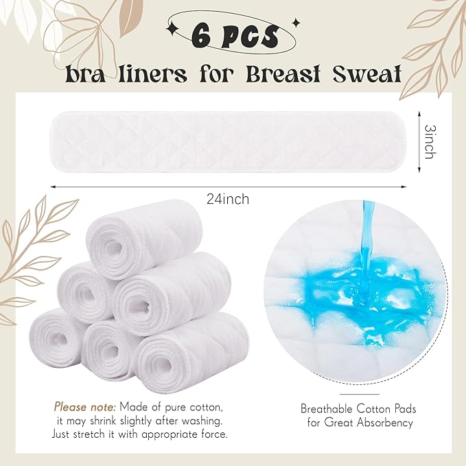 Toulite 6 Pcs Cotton Bra Liners Rectangle Under Bra Pads 3 Layer Bra Sweat Liners for Women Sweating Supplies