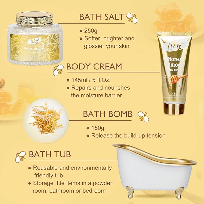Mothers Day Gifts for Mom - 7-Piece Honey Almond Spa Gift Set for Women, Bath & Body Gift Set, Bath Collection with Bath Bomb & More | Christmas, Birthday Gifts for Her, All Occasion Holiday Present