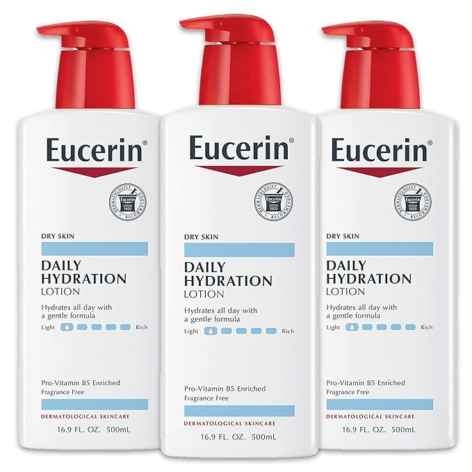 Eucerin Daily Hydration Body Lotion, Unscented Body Lotion for Sensitive Dry Skin, 16.9 Fl Oz Pump Bottles, 3 Pack
