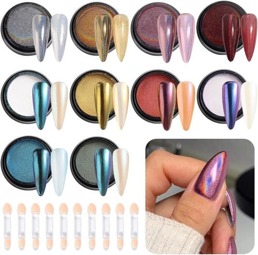 10Pcs Chrome Nail Powder Set, Holographic Unicorn Laser Nail Powder, Aurora Mermaid Iridescent Chameleon Mirror Effect Pigment Glitter Dust for Salon Home Nail Art DIY Decorations
