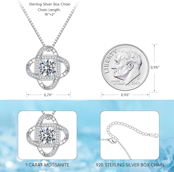 MOOSEA Christmas Gifts for Women Wife - 925 Sterling Silver Love Knot Moissanite Necklace 1-3ct D Color VVS1 Clarity Lab Created Moissanite, Anniversary Birthday Gifts for Women Wife Mom Girlfriend