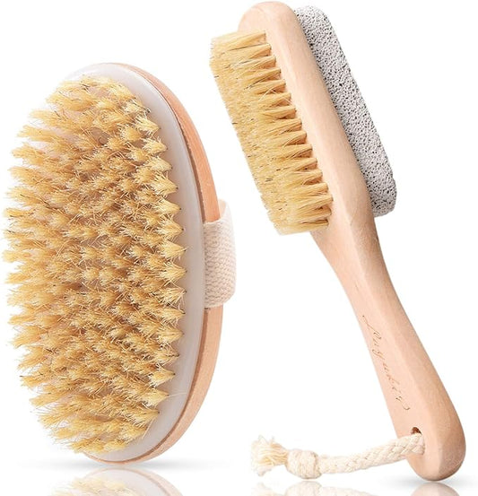 Body Brush for Dry or Wet Brushing and 2-Sided Foot File Scrubber Set, Exfoliating Skin, Cellulite Treatment, Foot File Scrubber with Pumice Stone