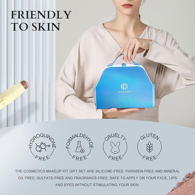 Color Nymph Makeup Kit for Girls Beginner Makeup Gift Set with Portable Bag Include 2 Color Lip Gloss, Eyeshadow Pen, Blush & Contouring, Highlight, Mascara, Eyebrow Pencil