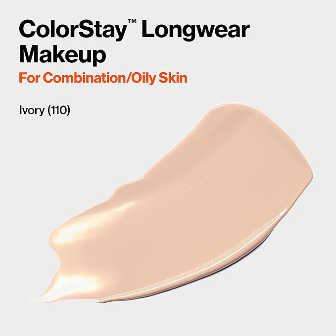 Revlon Liquid Foundation, ColorStay Face Makeup for Combination & Oily Skin, SPF 15, Medium-Full Coverage with Matte Finish, Ivory (110), 1.0 oz