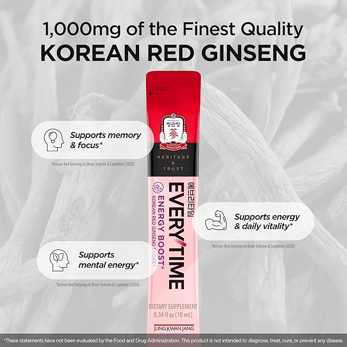 JUNG KWAN JANG Everytime Energy Boost Korean Red Ginseng Extract 1,000mg & Honey - Vegan Panax Drink Liquid Stick Supplements - No Caffeine, No Gluten, No-GMO 0.34 fl oz, 10EA (Pack of 6)