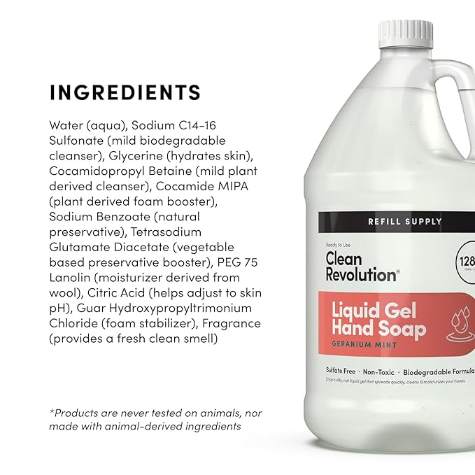 Clean Revolution Liquid Gel Hand Soap, Silky Rich Liquid, Quick Lather, Fast Rinsing, (Geramium Mint) 128 Fl Oz, 4 Pack - Made in USA